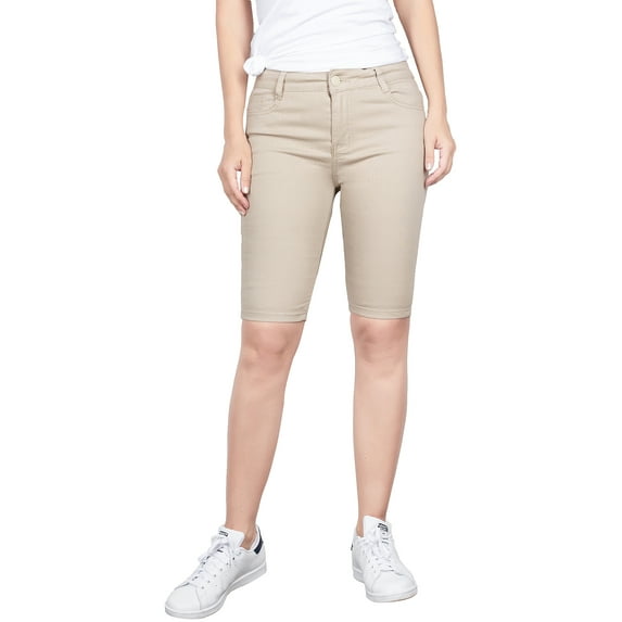 2Luver, Women's, Stretchy 5 Pocket Mid-Rise Solid Color Classic Skinny Bermuda Shorts, Khaki, 13
