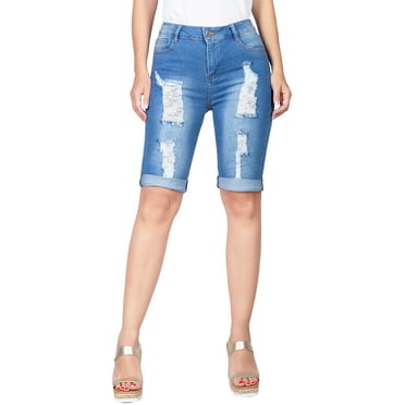 2Luver, Women's, Stretchy 5 Pocket Mid-Rise Solid Color Classic Skinny Bermuda Shorts, Light Blue, 9