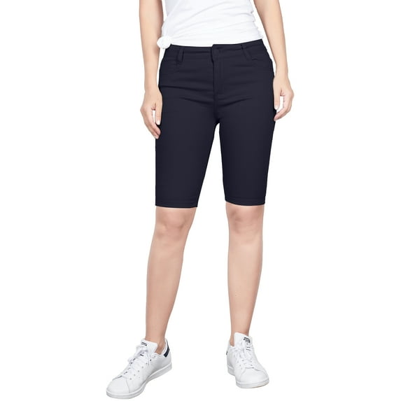2Luver, Women's, Stretchy 5 Pocket Mid-Rise Solid Color Classic Skinny Bermuda Shorts, Navy, 11