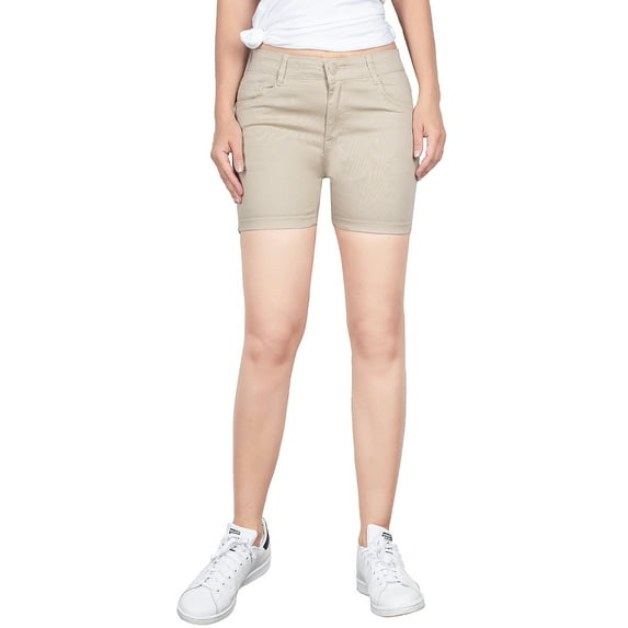 2Luver, Women's, Stretchy 5 Pocket Mid-Rise Solid Color Classic Work School Uniform Pants Shorts, Khaki, 15