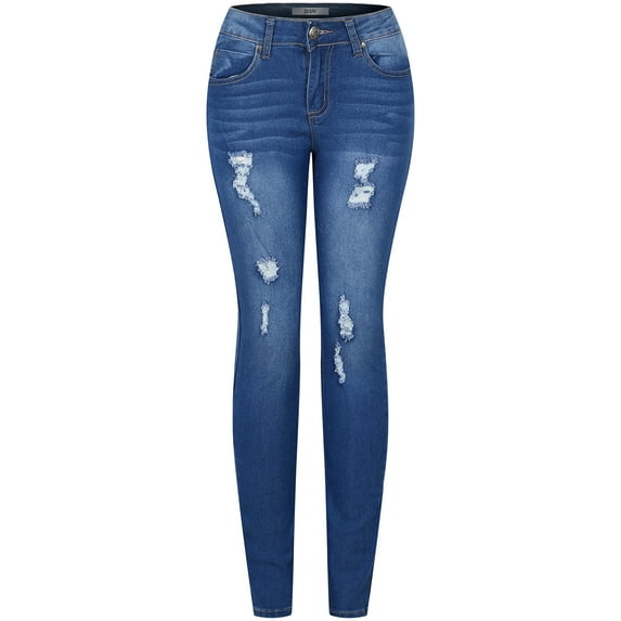 2Luver, Women's, Stretchy 5 Pocket Skinny Distressed Denim Jeans, Medium Denim, 17