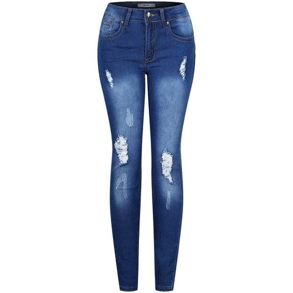 2Luver, Women's, Stretchy 5 Pocket Skinny Distressed Denim Jeans, Medium Denim, 9