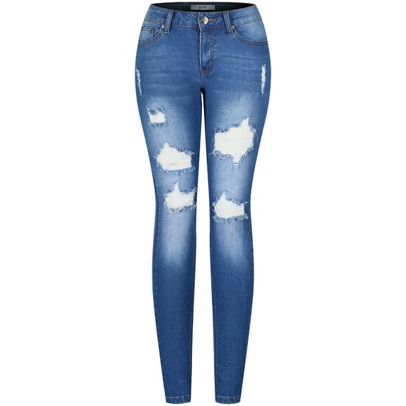 2Luver, Women's, Stretchy 5 Pocket Skinny Distressed Medium Denim Jeans, Medium Denim, 9