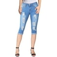 thumbnail image 1 of 2Luver, Women's, Stretchy 5 Pocket Skinny Mid Rise Medium Blue Capri Ripped Denim Jeans, Medium Blue Wash, 3, 1 of 3