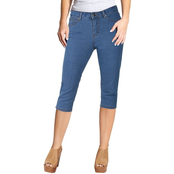 2Luver, Women's, Stretchy 5 Pocket Skinny Rise Capri Ripped Dark Denim Jeans, Medium Denim, 9