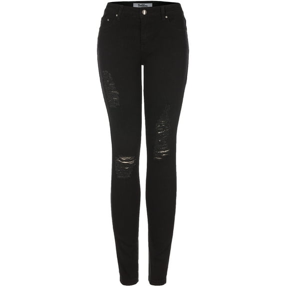 2Luver, Women's, Trendy Distressed 5 Pocket Denim Skinny Jeans, True Black Denim, 11