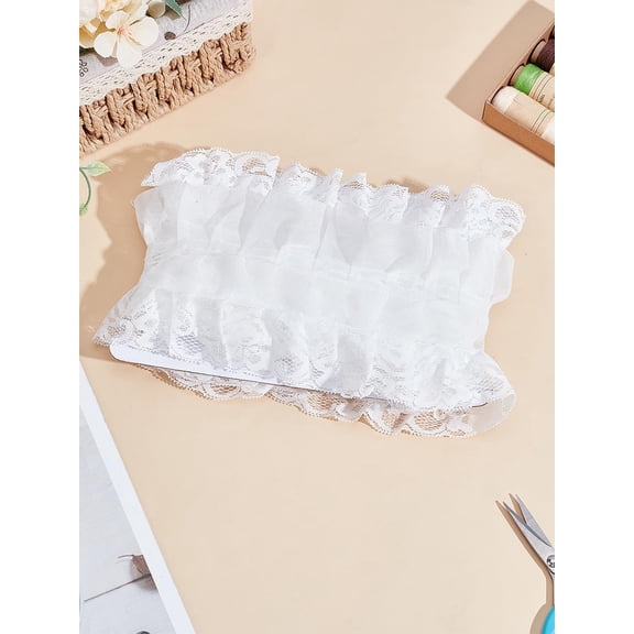 2M/2.19 Yard 4 inch(100mm) 3-Layer Pleated Chiffon Flower Lace Trim Polyester Ribbon Macrame Ribbon Sewing DIY Decoration for Curtain Sofa Clothes Latin Wedding Dress Lamp Shade Decoration White DIY