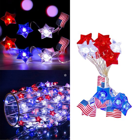 2M 20 Led Copper Wire American Flag Lights Usb Powered 4Th Of July American Flag Copper Wire Lamp Fourth Of July Flag Led String Five Pointed Star String Lights Decorative Lights String