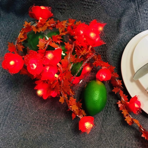 2M 20LEDs Red Lace Rose Flower String Light with Orange Maple Leaf Vine Garland Battery Powered Flower Vine Light for Halloween Christmas Wedding Garden Décor