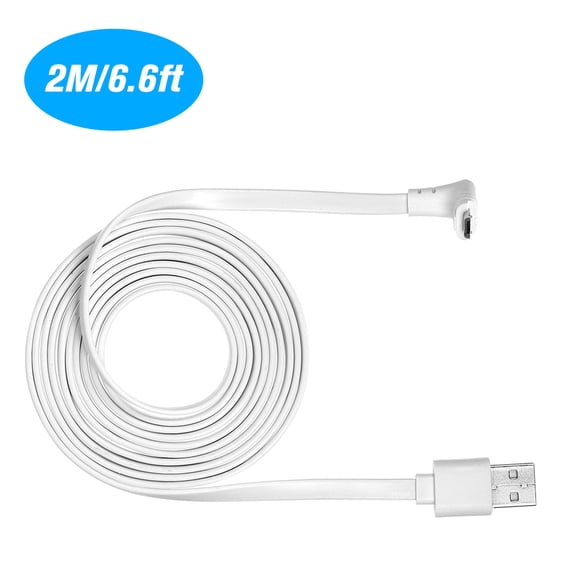 2M/6.6ft Charging Power Cable Fits Weatherproof Indoor/Outdoor Flat Cable Aluminium Alloy Micro USB Cable Charging/Power Cord without Plug, 1 Pack (White)