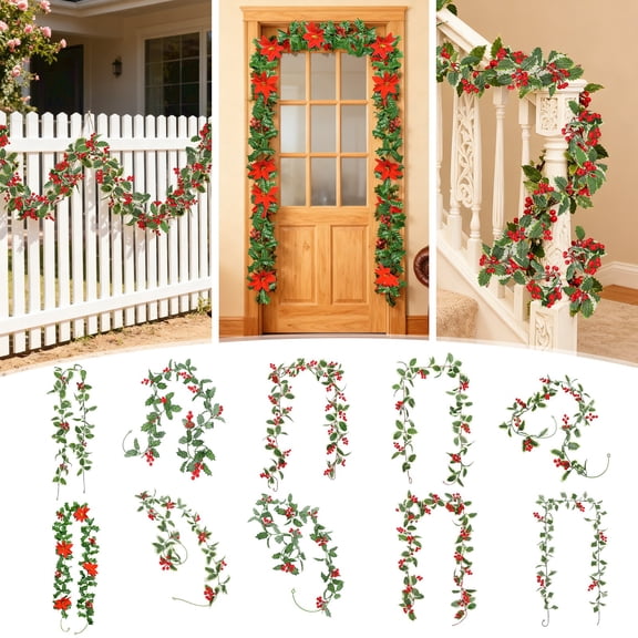 2M Artificial Flower Vine, Ideal Fake Flower Vine Pipe Cover, Balcony Wall Indoor Outdoor Decorative Hanging Garland With Green Leaves And Red Berries