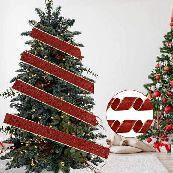 2M Gold Christmas Vermicelli Ribbon, Wide Satin Wired Decorative Tape, Bright Color Exquisite Edge Design, Shape Retaining Structure, Multipurpose Accessory for Gift Wrapping Wreath Tree Decoration
