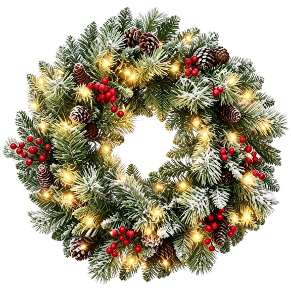Abble 24" Artificial Flocked Christmas Wreath, PreStrung 50 Warm White BatteryPowered LED Lights Frosted Branches for Indoor & Outdoor Front Door Decoration