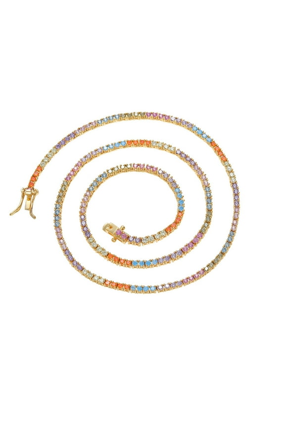 2MM Colorful Tennis Necklace for Women 18K Gold Plated Round Cut Lab Diamond Tennis Necklace Chain CZ Necklaces for Women Party Prom Jewelry