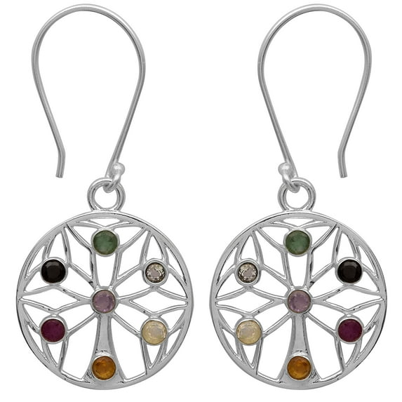 2MM Round Shape Multi Tourmaline 925 Sterling Silver Life Of tree Wire Earrings