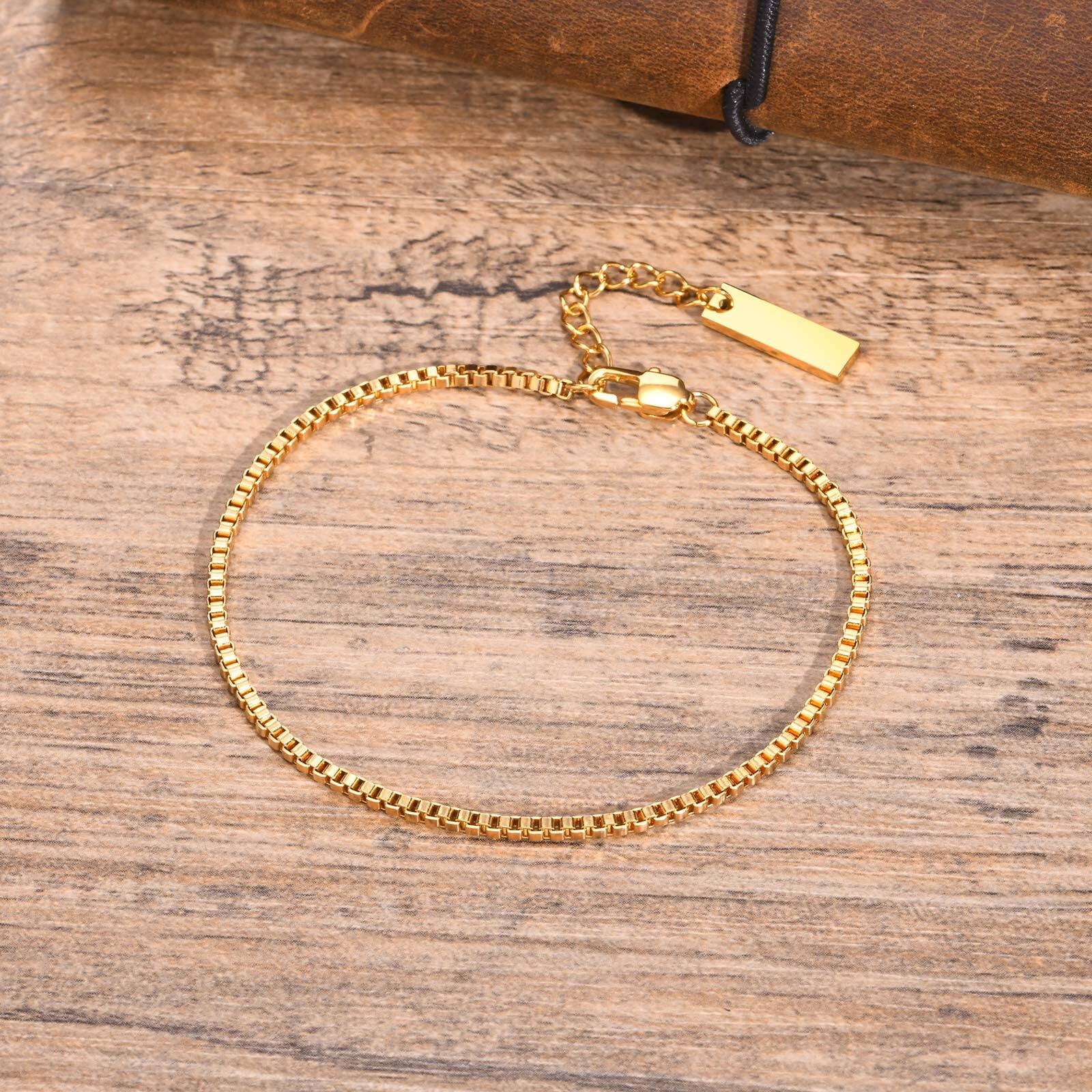 2MM Thin Box Chain 14K Yellow Gold Bracelets for Men Boys,Adjustable Personalized Creative Fashion Chain Links Wristband,Simple Jewelry Gift