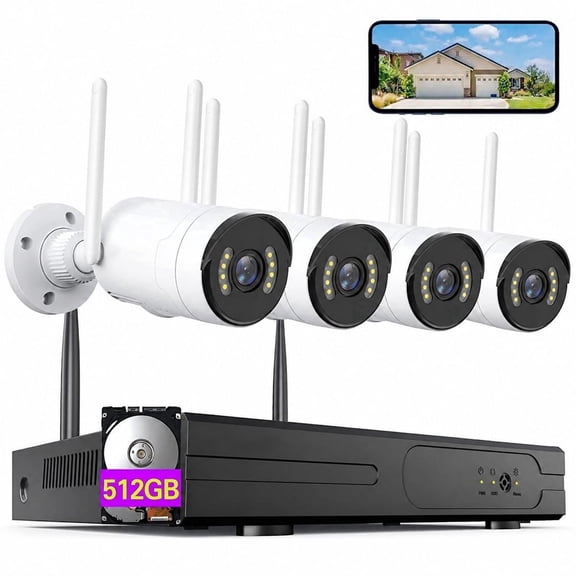 PIOJER 2MP wifi security camera system, 4-camera kit with 4-channel, 512gb hard drive, outdoor indoor cameras, night vision, ip66 waterproof, no monthly fee