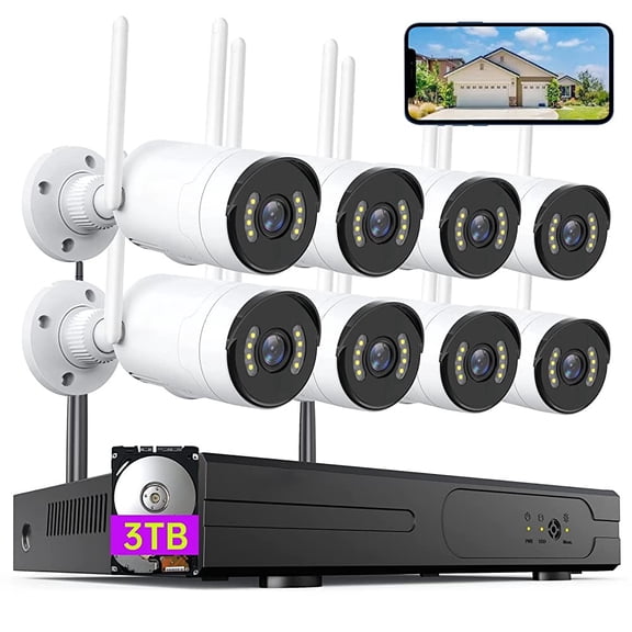 PIOJER 2MP WiFi Security Camera System, 8-Channel NVR with 3TB Hard Drive, 8 Outdoor Indoor Cameras, Night Vision, IP66 Waterproof, No Monthly Fee