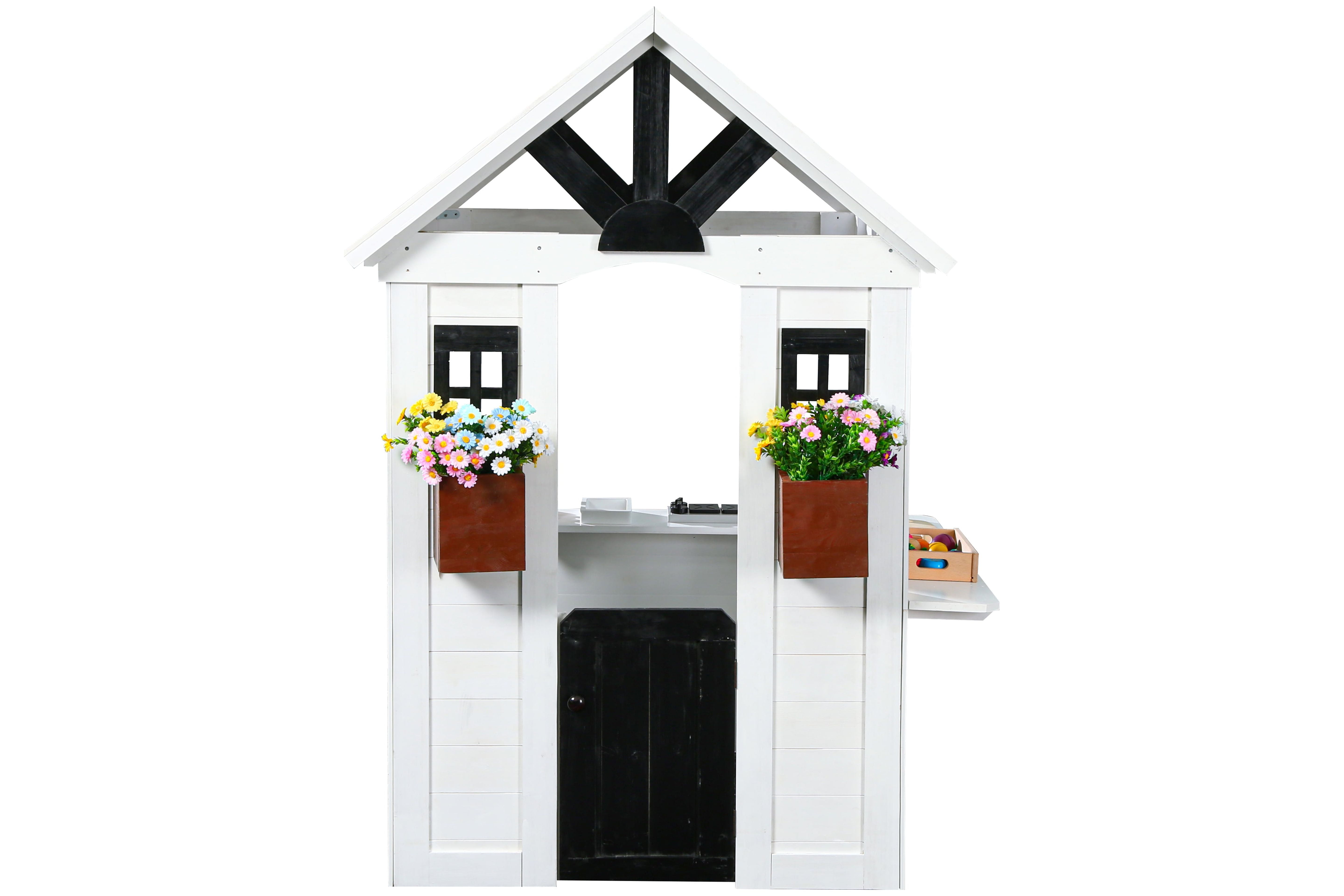 2MamaBees Ajure Playhouse | White & Black Farmhouse Design with Kitchen and Garden
