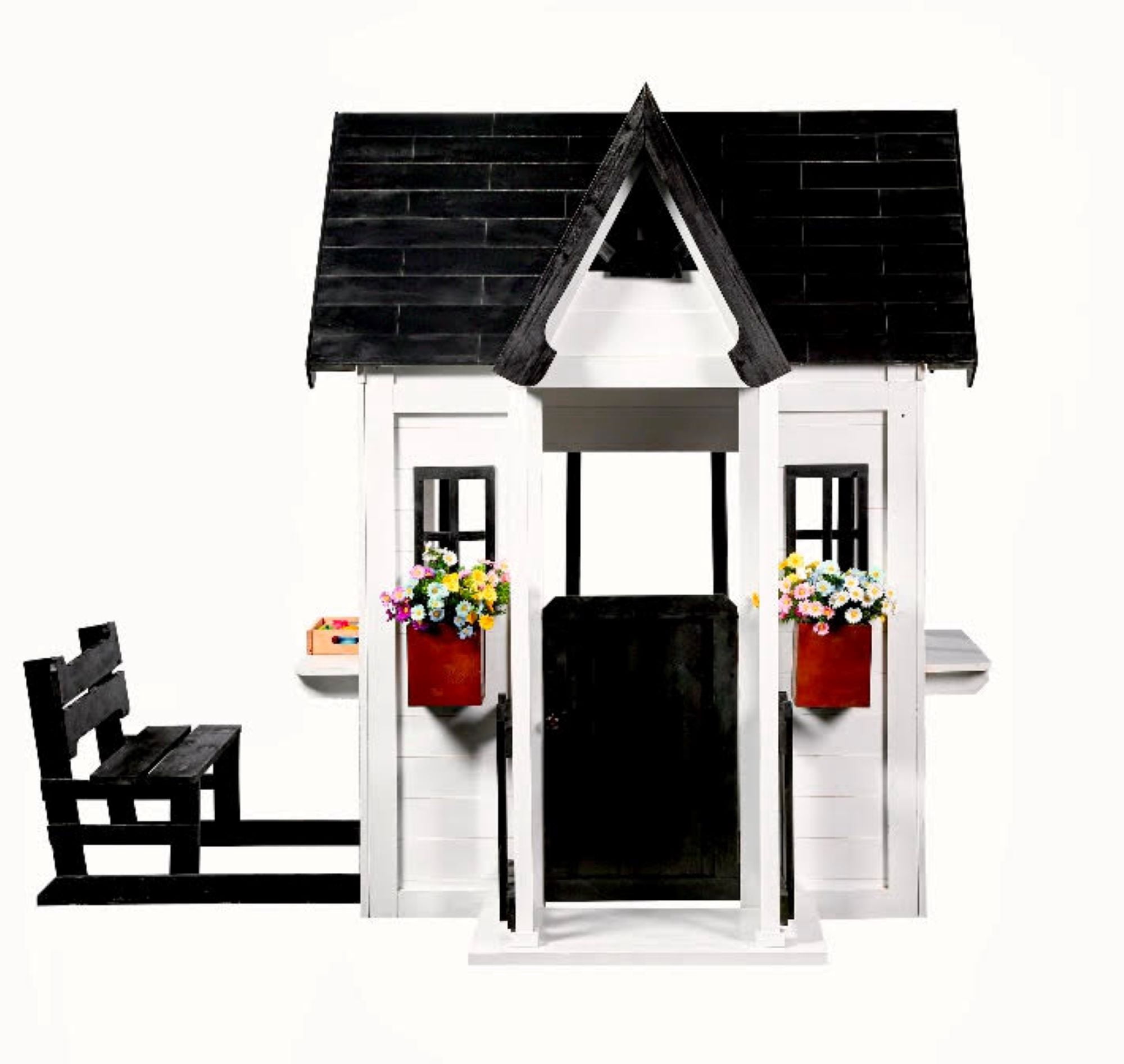 2MamaBees Oceano Playhouse | White & Black Farmhouse Design with Kitchen and Garden