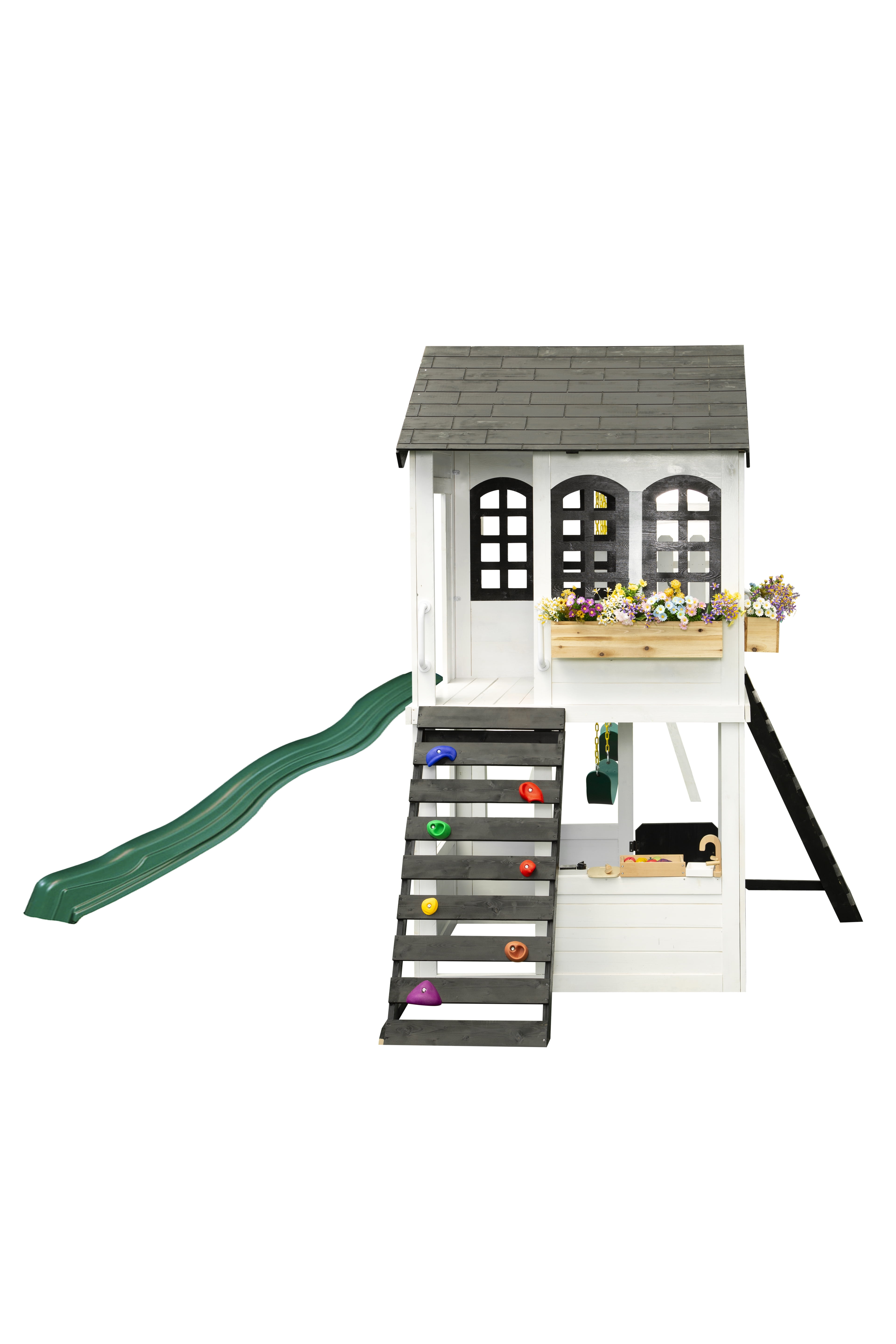 2MamaBees Reign Two Story Playhouse | Black & White Farmhouse Design with Kitchen and Garden