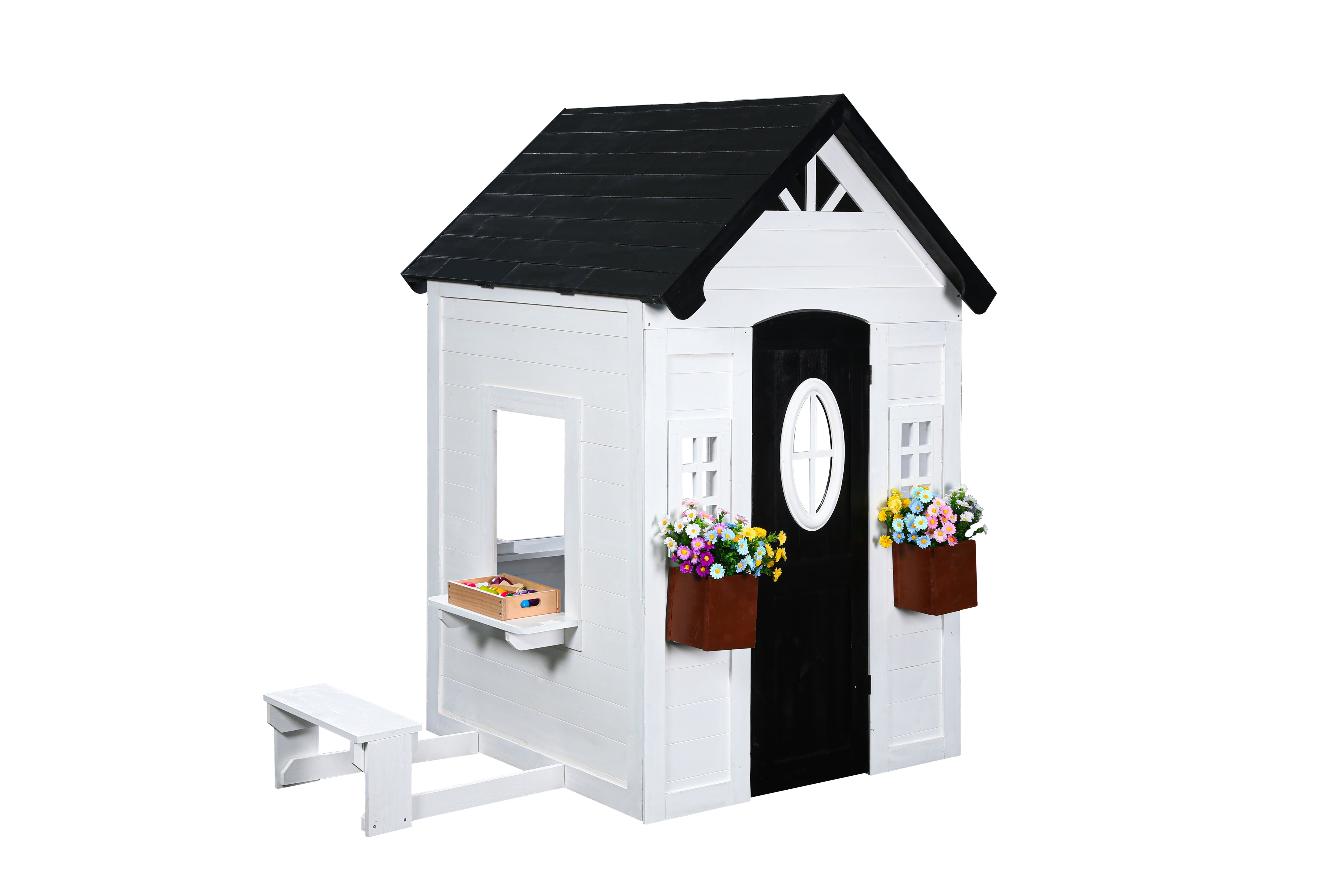 2MamaBees Zahara Playhouse | White & Black Farmhouse Design with Kitchen and Garden
