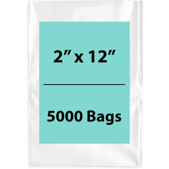 2Mil Clear Flat Open Top Poly Bags LDPE Packaging - 2"X12" & (5000 Bags)