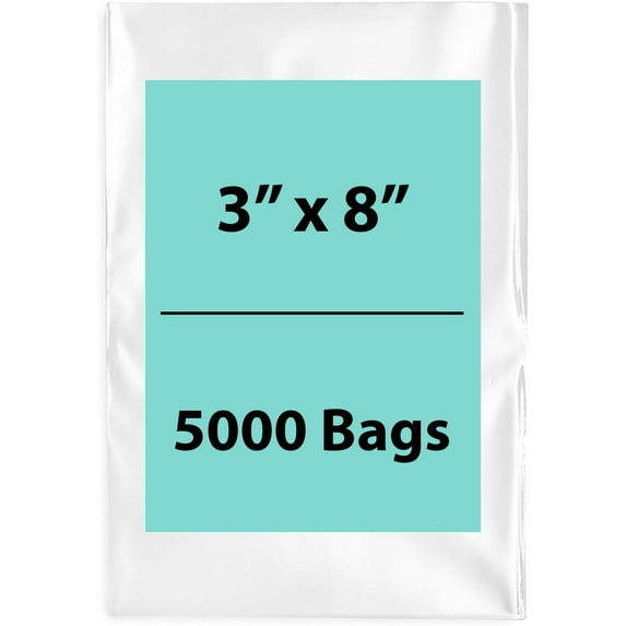 2Mil Clear Flat Open Top Poly Bags LDPE Packaging - 3"X8" & (5000 Bags)