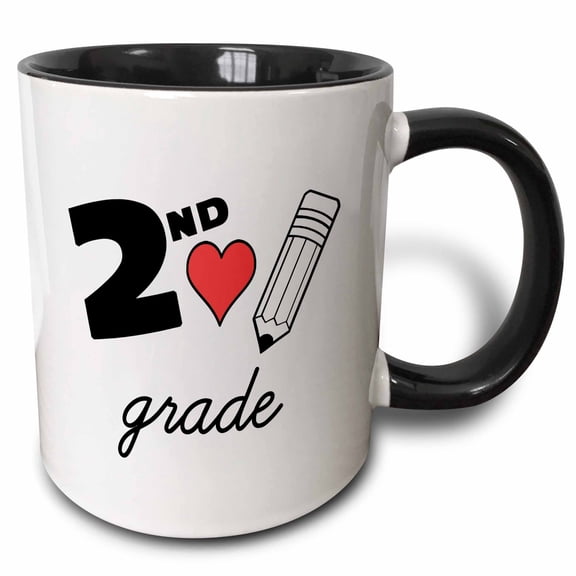 3drose, 2nd Grade with Clipart Red Heart and Pencil. Black Lettering on White., 11oz Two-tone Black Mug