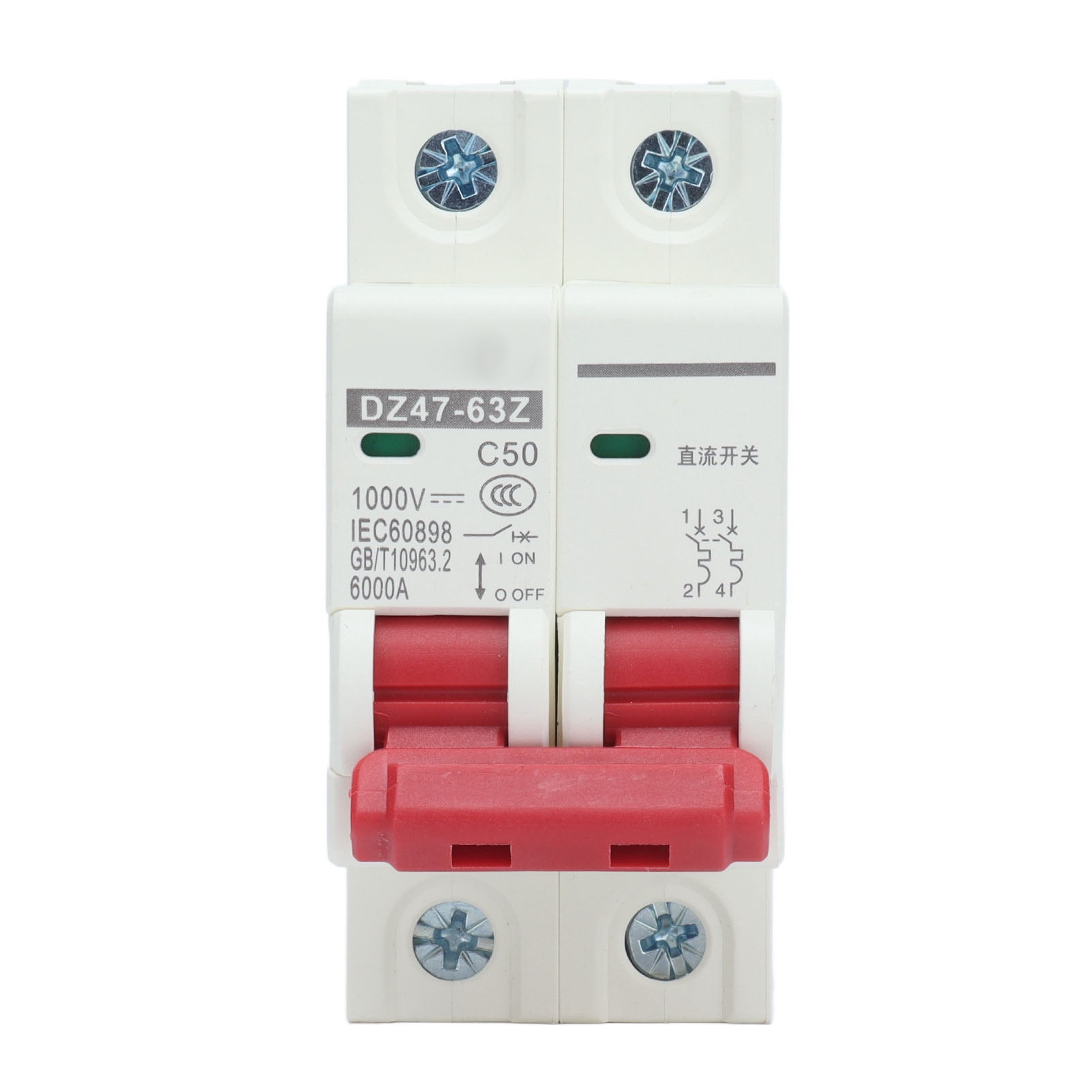 2P Solar PV System Isolator Miniature Circuit Breaker, DIN Rail Mount, 1000V DC, 50A, DZ47-63Z Series