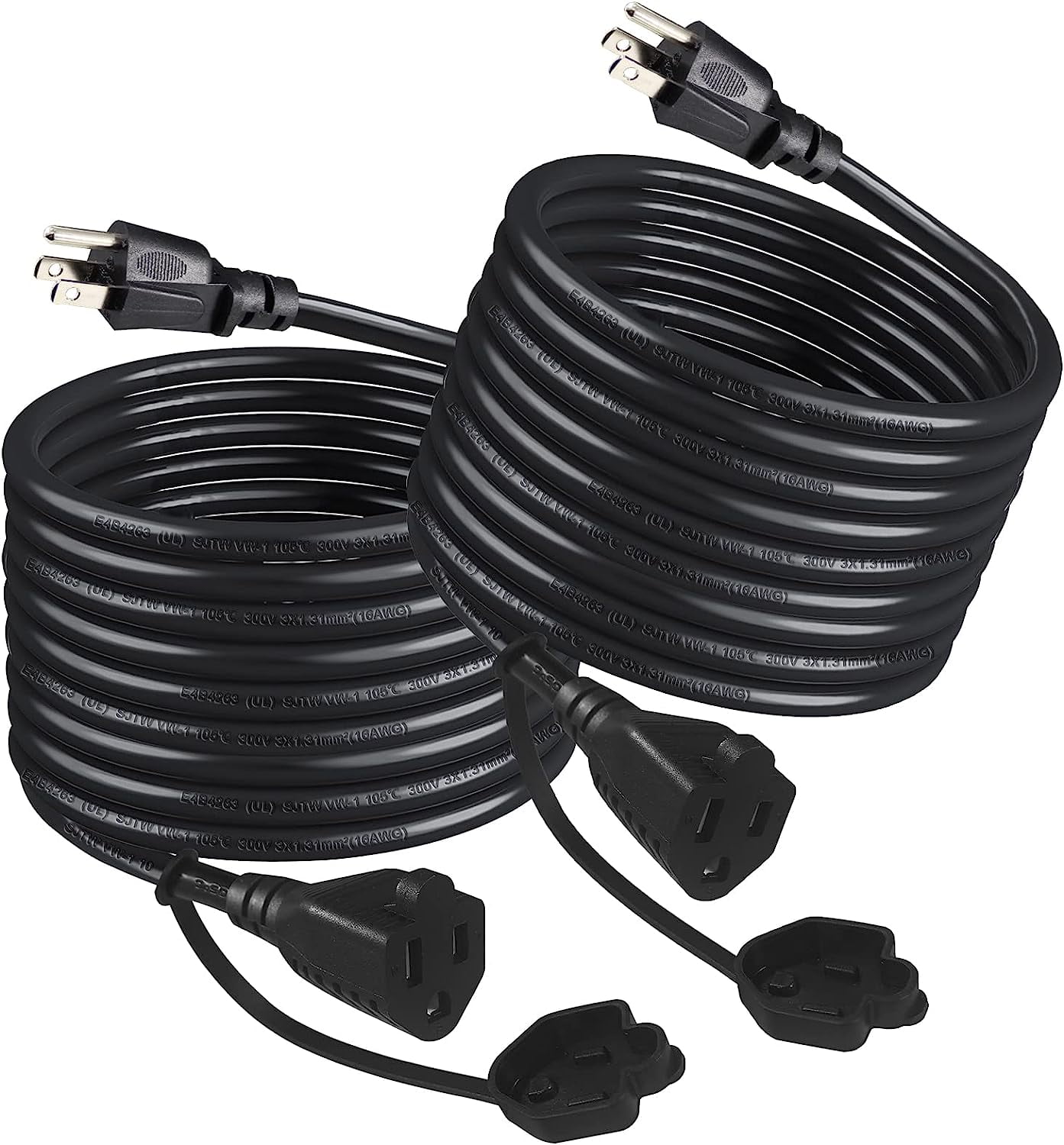 [2PACK] 10FT Outdoor Weatherproof Power Extension Cord Black Weather