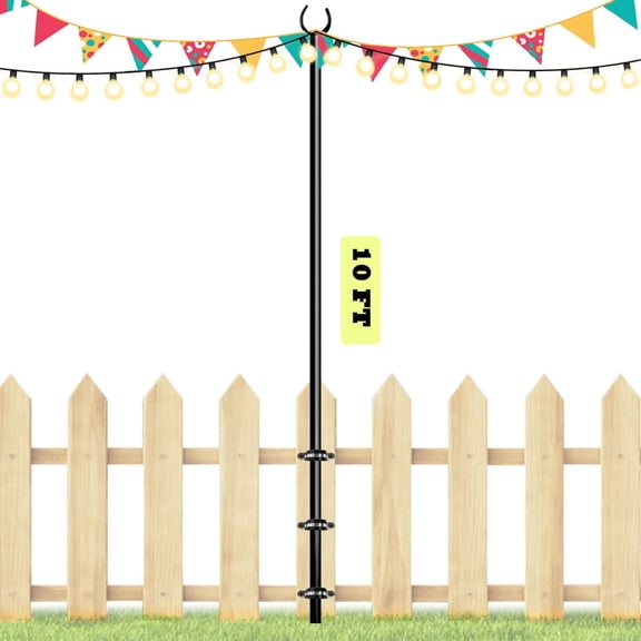 10ft String Light Poles for Outdoors, Outside Light Poles with 5-Prong Base, Suit for Garden, Backyard, Patio, Outdoor Lighting, Matte Black