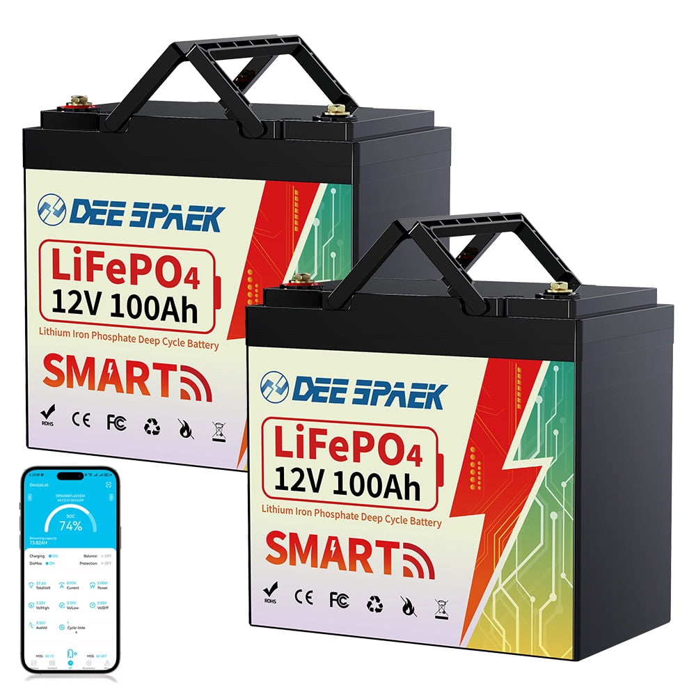 2PACK 12V 100Ah Mini LiFePO4 Battery Bluetooth,for RV,Solar,Marine,Boat,Trolling Motor,Camping,off-Grid,DEESPAEK Group 22NF 15000+Deep Cycles Battery