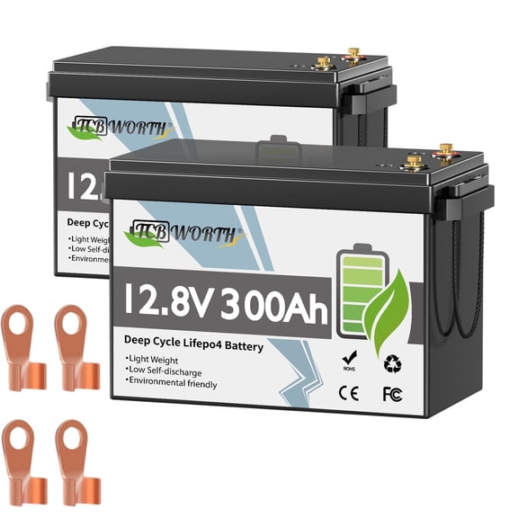 2PACK 12V 300Ah LiFePO4 Lithium Battery,TCBWORTH for RV,Solar,Marine,Camper,Home Energy Storage,off Grid,Built in 200A BMS,15000+ Deep Cycles