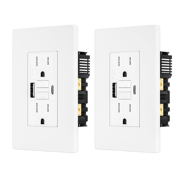 2PACK - 15AMP GFCI Outlet with USB-A & USB- C Ports, Self-Test GFCI Electrical Outlet Combination with USB, LED Indicator, Tamper Resistant, Screwless Wall Plate Include, ETL Listed, White