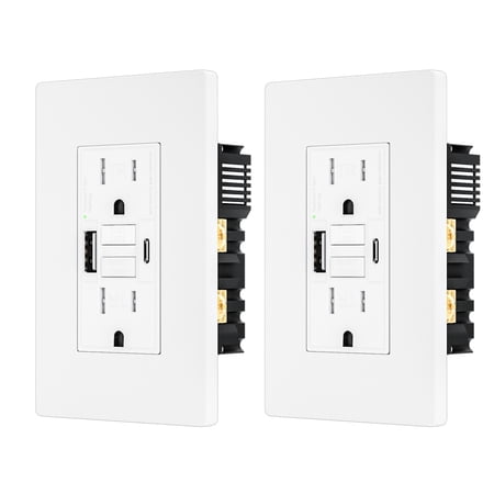 2PACK - 15AMP GFCI Outlet with USB-A & USB- C Ports, Self-Test GFCI Electrical Outlet Combination with USB, LED Indicator, Tamper Resistant, Screwless Wall Plate Include, ETL Listed, White