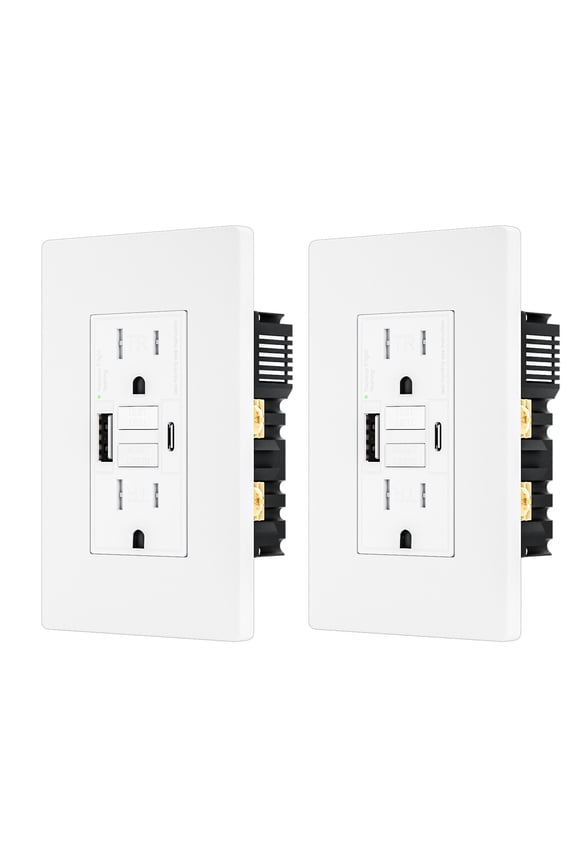 2PACK - 15AMP GFCI Outlet with USB-A & USB- C Ports, Self-Test GFCI Electrical Outlet Combination with USB, LED Indicator, Tamper Resistant, Screwless Wall Plate Include, ETL Listed, White