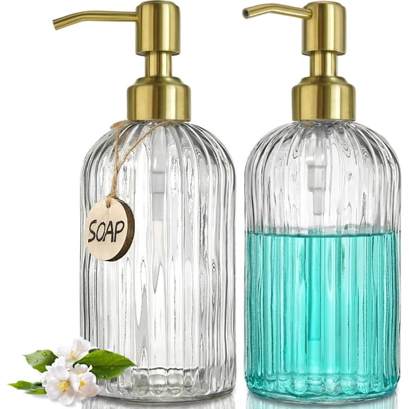 2PACK 18Oz Fluted Glass Soap Dispenser with Golden Rust Proof Pump, Refillable Kitchen soap Dispenser with Vertical Stripe, Bathroom Soap Dispenser for Dispense Hand soap, Dish Soap, Lotion.