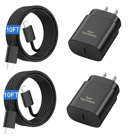 2PACK 25W Super Fast Wall Charger Adapter 10Ft USB-C Cable Samsung Galaxy S25 S24 S23 S22 + Ultra A55 A54 5G