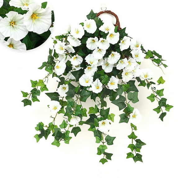 2PACK Artificial Hanging Fake Flowers Plants for Outdoor Spring Decoration, Faux Silk Flower UV Resistant Morning Glory for Home Porch Patio Garden Balcony Yard Look Real