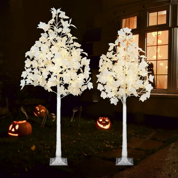 2PACK Artificial Lighted White Maple (5FT 96LED & 6FT 120LED) Fall Tree with Dual-Tone Lights (Cold & Warm White) , Thanksgiving, Autumn Harvest Outdoor Indoor Home Decor