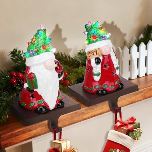 2PACK Christmas Stocking Holders with LED, Christmas Gnomes Stocking Hangers for Mantle Fireplace Christmas Stocking Hanging Hooks Stocking Holder for Holiday Window Table