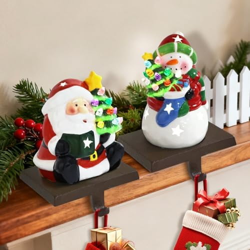 2PACK Christmas Stocking Holders with LED, Christmas Santa Claus Snowman Stocking Hangers for Mantle Fireplace Christmas Stocking Hanging Hooks Stocking Holder for Holiday Window Table
