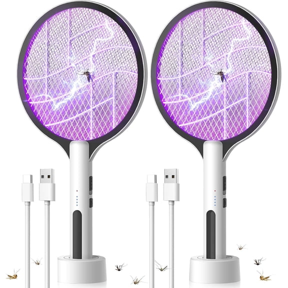2PACK Electric Fly Swatter 4500V Bug Zapper Racket, 2 in 1 Handheld Fly Zapper & Purple Mosquito Killer Rechargeable and 3-Layer Safety for Indoor Home Office Backyard Patio Camping