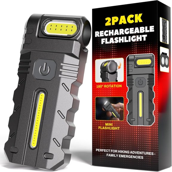 2PACK Flashlight , 600 Lumens Portable Flat Mini Flashlights with Clip Small Flashlight for Camping, , Hiking (2, Black)