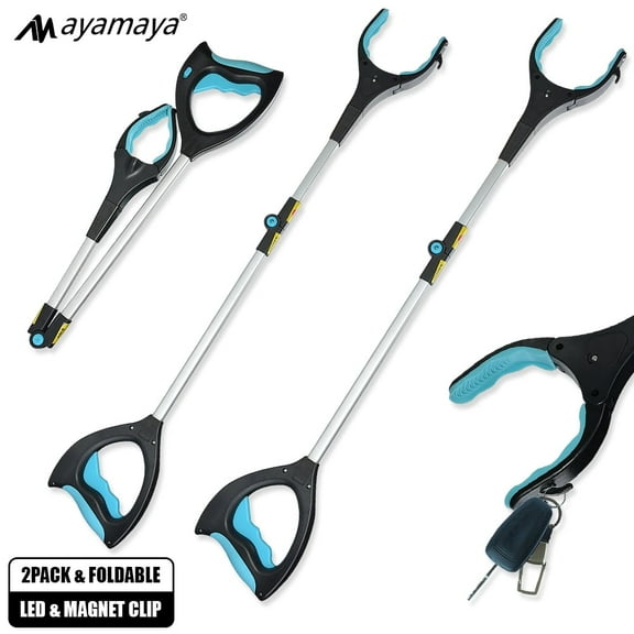 2PACK Grabber Reacher Tool with LED Light&Large Clip ,32" Folding Pickup Grabbers for Elderly Grab It Reaching Tool,Aluminum Alloy Gripper Tools with Strong Magnetic Tip,Lightweight Trash Picker