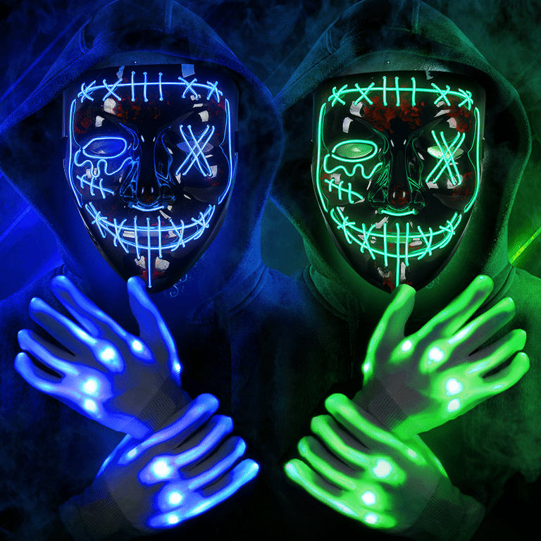 2PACK Halloween Led Mask, Light Up Scary Mask and Gloves for Halloween,  Cosplay Costume and Party Supplies