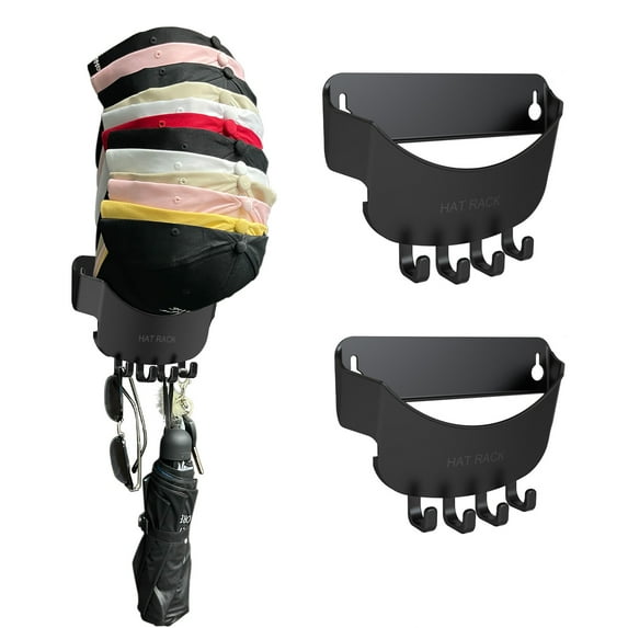 2PACK Hat Rack for Wall, 20 Ball Cap Storage with Hooks, Hat Holder and Baseball Cap Organizer Compact Hat Organization System, Hat Hanger with 4 Hooks for Wall, Closet, Doors, Living Room and Bedroom