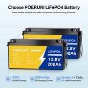 2PACK POERUNI.12.8V 200Ah LiFePO4 Battery, Lithium Iron Phosphate Deep Cycle Battery for RV, Solar, Marine, Trolling Motor, 2560Wh Power, 10+ Year Lifespan, Built-in BMS, Blister Packaging