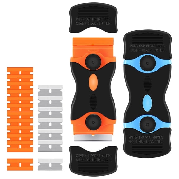 2PACK Razor Blade Scraper, 2-in-1 Scraper Tool with 12Pcs Plastic Blades and 7Pcs Metal Blades, Multi-Purpose Cleaning Razor Scraper for Decals, Stickers, Labels, Caulk, Adhesive, Paint Removal